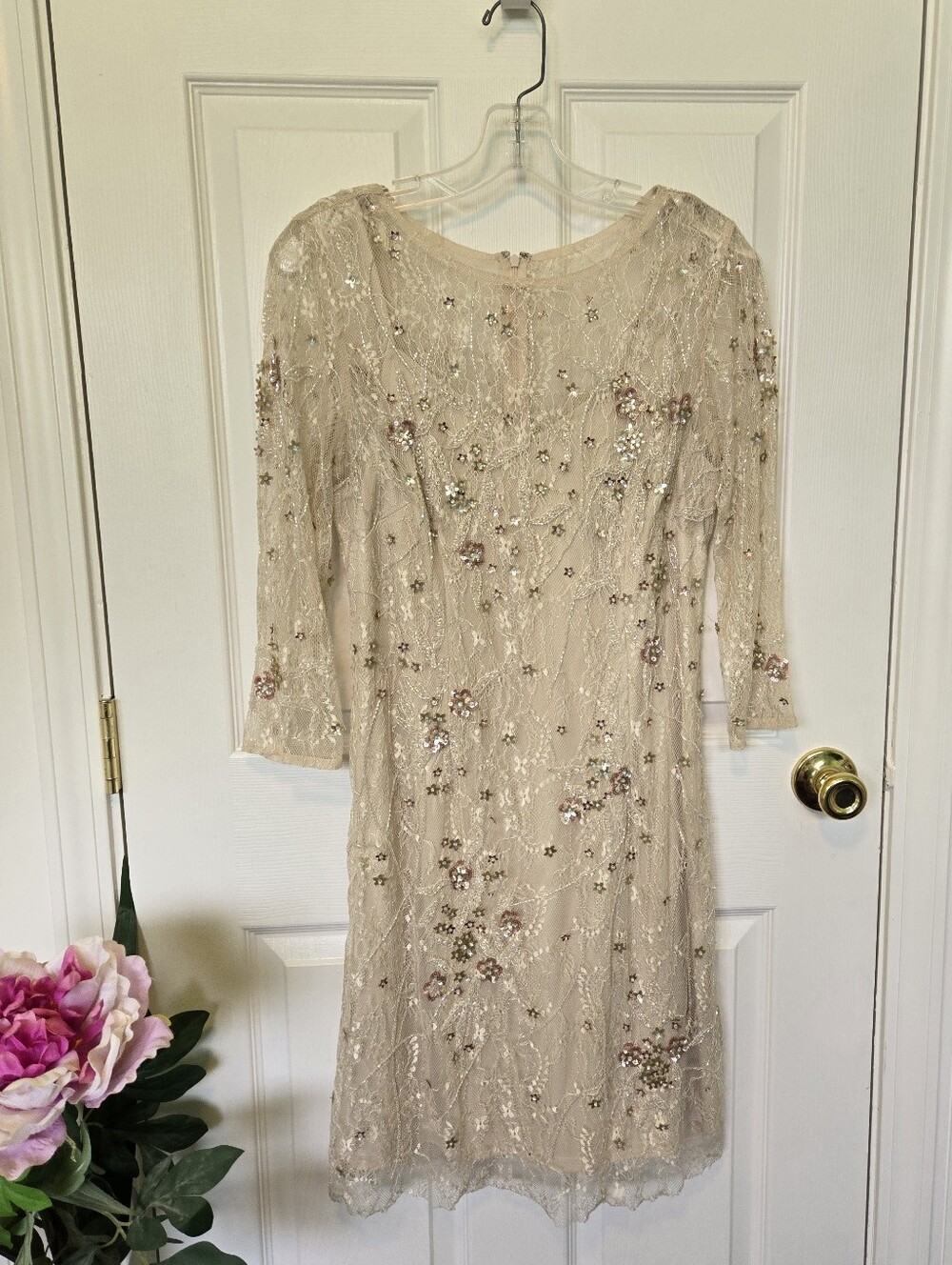 Aidan Mattox Cream Beaded Lace Illusion Cocktail Dress 3/4 Sleeve Sz 10